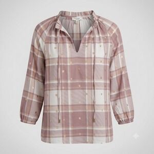 Harve Benard Womens S Mauve Plaid Blouse HBW706 Gold Foil Peasant Top Tie Neck